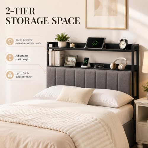 Image of Upholstered Queen Headboard with Storage and USB (Queen (U.S. Standard))