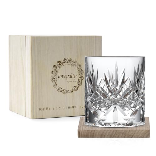 Loveyalty K9 Crystal Whiskey Glasses, Exquisite Various Flowers Hand Cut Old Fashioned Glass, High End Drinking Cup, Liquor Tumbler, Brandy Snifter, Wine Cup Black Walnut Solid Wood Mat in Gift Box