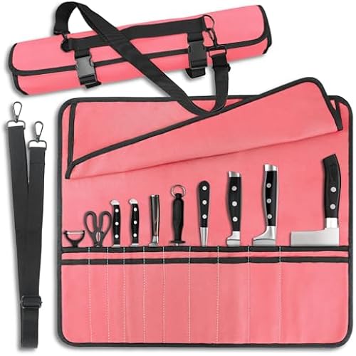 QIQU Pink Chef Knife Bag With 20 Slots Cutlery Knives Holders Protectors, Home Kitchen Travel Cooking Tools, Portable Canvas Knife Roll Storage Bag Chef Case for Camping or Working