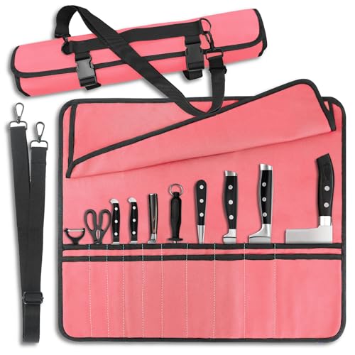 QIQU Pink Chef Knife Bag With 10 Slots Cutlery Knives Holders Protectors, Home Kitchen Travel Cooking Tools, Portable Canvas Knife Roll Storage Bag Chef Case for Camping or Working