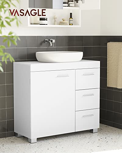 Miniatura 2 de VASAGLE Mueble Bajo Lavabo, Armario de Baño, 3 Cajones, 2 Compartimentos Detrás de la Puerta, Apto para Lavabos con Pedestal, con Pies, 30 x 70 x 64 cm, Blanco Nube BBK504W01