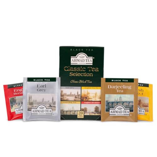 Foto von Ahmad Tea - Classic Selection - Schwarztee Sortiment - Earl Grey, English Tea No 1, Darjeeling, English Breakfast - Einzeln Verpackte, Aromaversiegelte Teebeutel mit 2g Tee pro Portion - 20 Teebeutel