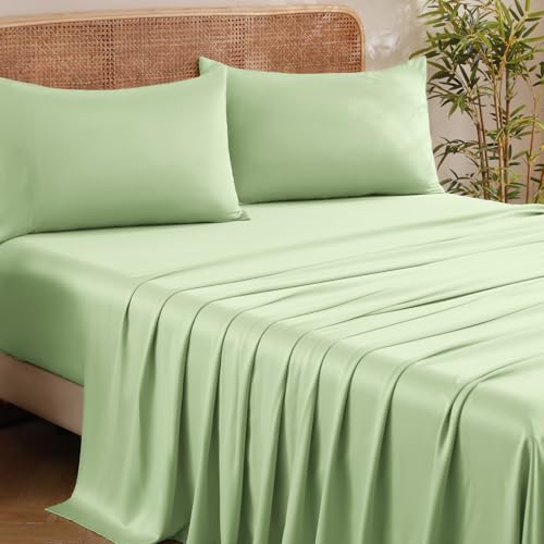 Image of MICORAL Queen Sheet Set, Rayon Derived from Bamboo Cooling Sheets for Queen Size Bed Set, Breathable & Soft, Deep Pocket Up to 16 inch, Hotel Luxury Silky Bedding for Hot Sleepers, Sage Green