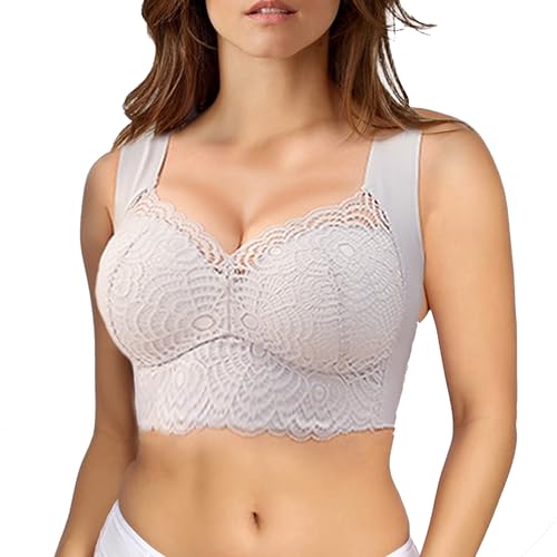 FHTECO Women Plus Size Wireless Lace Bras - Lightly Lined T-Shirt Bra for Daily Sports, No Wire (4X-Large, Gray)