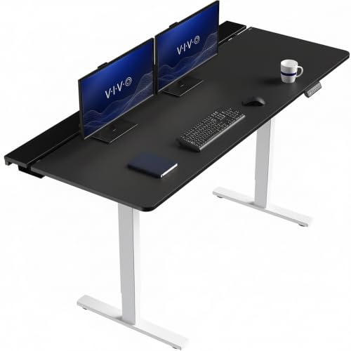 Image of VIVO Black 71 x 30 in Standing Desk, DESK-KIT-1W6-P3B-71 | Electric, Holds 220 lbs, Sit Stand, Height Adjustable, Cable Tray, Full-Size Mouse Pad, Office Furniture, White Frame