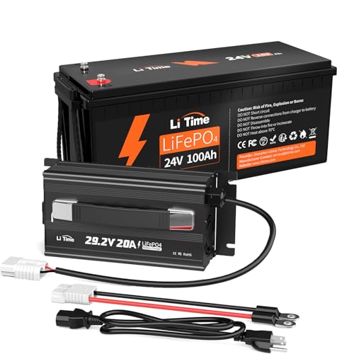 LiTime 24V 100Ah LiFePO4 Lithium Battery with 29.2V 20A LiFePO4 Battery Charger, Built-in 100A BMS, Up to 15000 Cycles, Max. 2560W Load Power for RV, Solar, Trolling Motor, Marine, Off-Grid