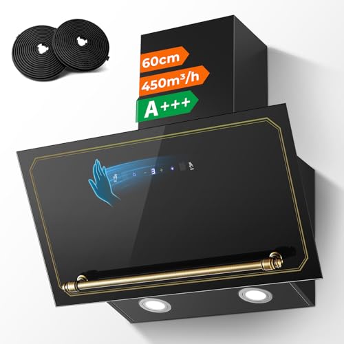 SNDOAS Hotte Aspirante 60 cm, A+++ Hotte Cuisine Silencieuse Inclinée, 450 m³/h, 3 Vitesses + Boost, Évacuation/Recyclage, Filtres à Charbon Inclus,...