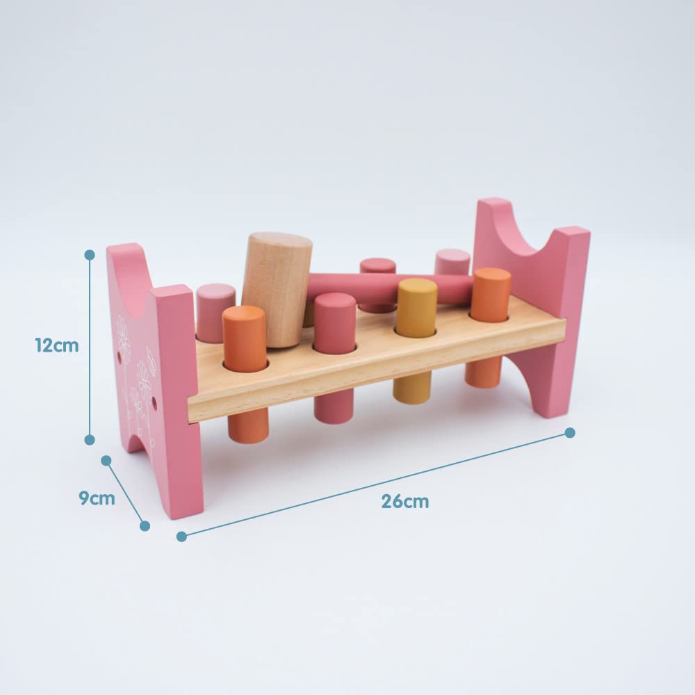 jumini Banc marteau en bois avec marteau en bois et 8 piquets en bois - Excellent cadeau pour bébé de 12 mois, 1, 2, 3 et 4 ans - Couleurs pastel rétro (fleur rose)