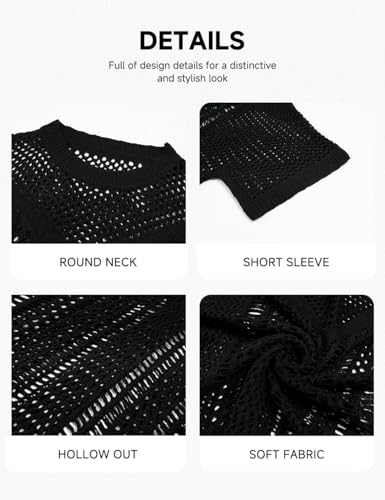 Bsubseach Women Crochet Top Short Sleeve Swimsuit Coverup Summer Hollow Out Knit Tops Beach Cover Up3