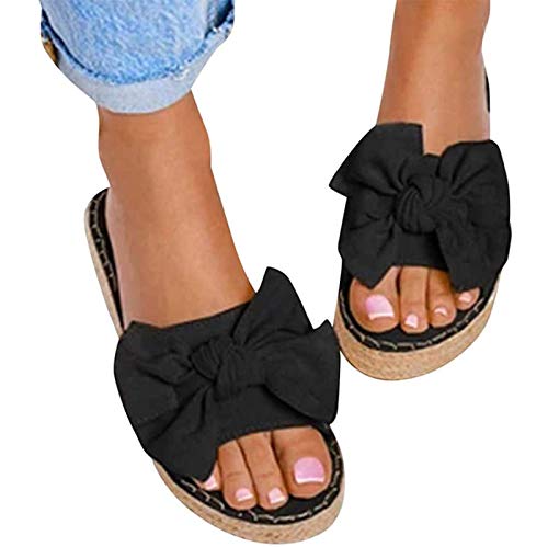 ZHANGMEI Femmes Sandales Plateforme Summer Beach Avant Bowknot Slip sur Sandales Bas Toile Open Toe,A,34.5EU Cover