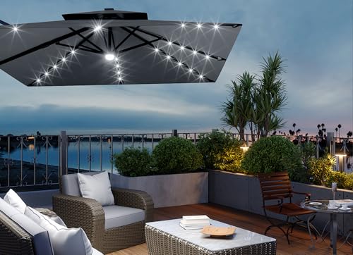 10' x 10' Heavy Duty Cantilever Patio Umbrella with Solar LED Lights & Weighted Base, 2-Tier Square Aluminum Offset Umbrella with 360-Degree Rotation for Backyard, Deck, Pool, Gray
