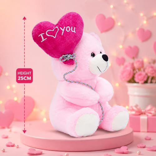 Image of Plush Teddy Bear with Pink 'Happy Birthday' Balloon, 20 cm, Soft Velvety Material