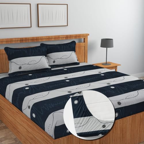 Image of NHD HOME Premium Cotton Feel Polycotton Elastic Fitted King Size Double Bedsheets with 2 Pillow Covers | All Around Elastic 210 TC Super Soft | Size - 72 King Size x 78+10 inches | White Blue