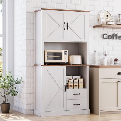 GarveeHome Modern Kitchen Pantry Cabinet with Microwave Stand, Tall Kitchen Hutch with Drawers & Adjustable Shelves, Large Wood Storage Cabinet for Dining Room, Living Room, White