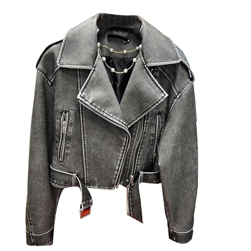 Manteau court vintage noir similicuir femme veste zippée mi-saison chic