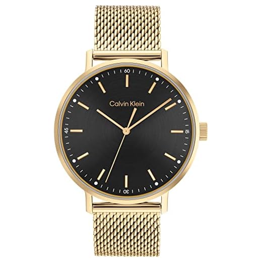 Calvin Klein Orologio Analogico al Quarzo da Uomo con Cinturino in Maglia Metallica in Acciaio Inossidabile Dorato, Nero e Oro - 25200049