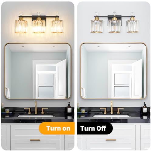 Image of Lxybcce Black and Gold Bathroom Vanity Light, 3-Lights Crystal Vanity Lights for Bath, Modern Bathroom Light Fixture Over Mirror, Wall Mount Lights with Clear Crystal Glass for Bedroom Living Room