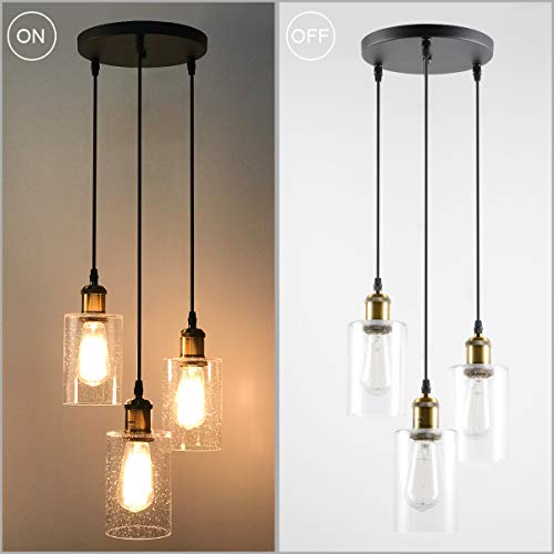 VILUXY Vintage 3 Light Glass Pendant Light Classic Cluster Chandelier Hanging Lighting Fixture with Seeded Glass Shades for Kitchen Island, Dinning Room, Bar, Cafe,Farmhouse