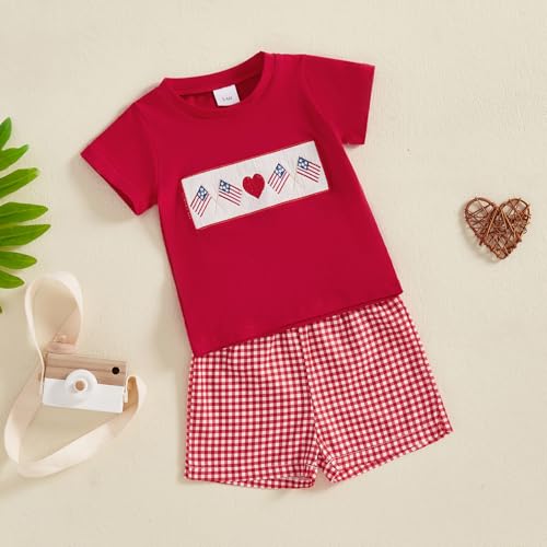 Image of 4th Of July Toddler Boy Outfit Popsicle American Flag T-Shirt and Gingham Plaid Shorts Set Independence Day Clothes