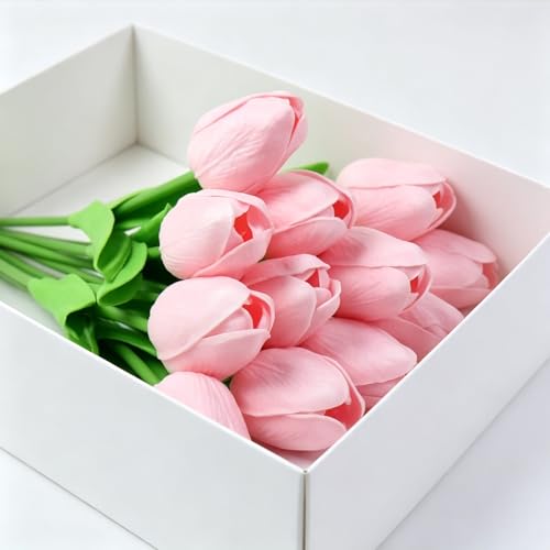 Image of 20Pcs Stems 13.5 Inch Candy Pink PU Artificial Moisturizing Tulips, Faux Candy Pink Tulips Flowers for Thanksgiving Christmas Decorations Wedding Home Table Vase Floral Arrangements