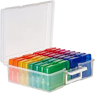 MATANA - 6"x4" Multicoloured Plastic Photo Storage Box Organiser, Includes 16 Cases & Labels - Great for Photo Viewing and Arts and Crafts Organising
