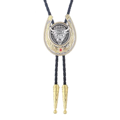 Image of Jeilwiy Bolo Tie for Men, Western Cowboy Golden Longhorn Bull Eagle Horse Cowboy Hat Bolo Necklace Leather Necktie for Women
