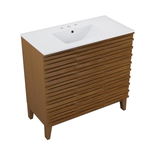 Image of Swiss Madison Cascade 36 in. Brown Oak Bathroom Vanity with White, 3-Hole Ceramic Sink Top