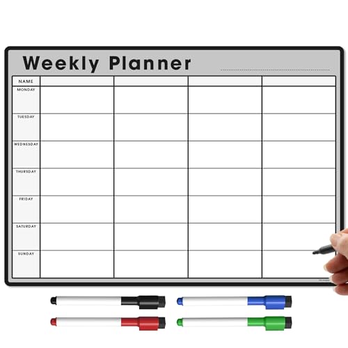 TMS A4 Agenda settimanale magnetica | lavagna bianca personalizzabile per attività familiari o aziendali e pianificazione dei pasti | con 4 penne magnetiche cancellabili a secco [30 x 21cm]
