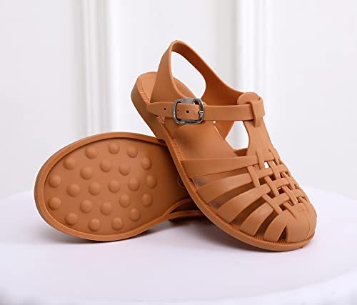 Image of Jelly Shoes for Girls Unisex Boys Jellies Sandals Size 10 T-Strap Soft Flats for Toddler Little Girl /Boy, Matte Brown Slingback Retro Summer Beach Water Shoes
