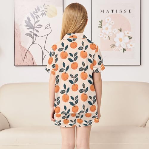Cute Oranges Vintage Prints Summer Satin Pajama Set, Cute Button-Down Sleepwear Pj Set for Sleep Wears4