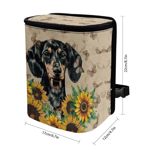 Image of Talayituse Dachshund Sunflower Butterfly Print Car Trash Can with Lid, Leak Proof Auto Trash Bag Hanging Vehicle Garbage Can Multipurpose Storage Container for Back Seat Road Trip