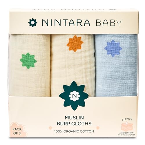 Image of NINTARABABY Burp Cloths - 100% Organic Muslin Cotton, Pack of 3