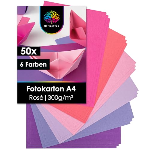 OfficeTree 50 Blatt Fotokarton A4 Rosé Töne - 300g - 6 Farben - Tonkarton zum Basteln & Drucken - Fotokarton 300g - Bastel Karton - Rosa Tonpapier Rosa Papier - Tonpapier Pink