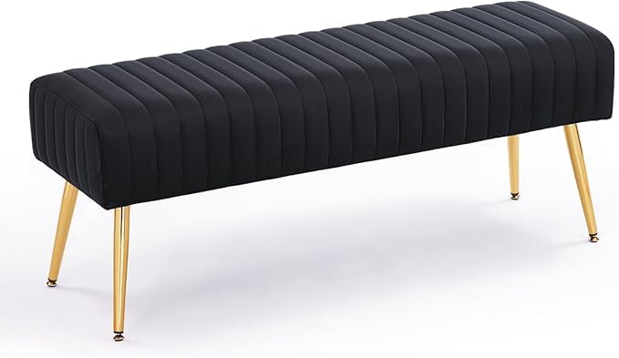 Image of Modern Velvet 2 Seater Ottoman | Upholstered Long Ottoman for Bedroom, Living Room, Entryway, Sofa Upholstered or End of Bed Seating | Comfortable Padded Accent Furniture | Velvet Black