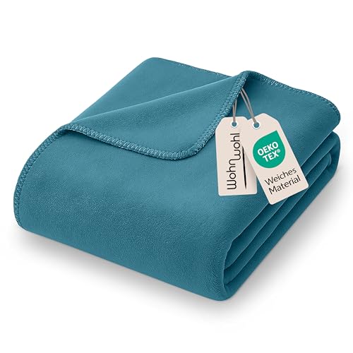 WOHNWOHL® Kuscheldecke (150x200cm) • Weiche Tagesdecke • Sofadecke • Wohndecke • Schlafdecke • Oeko-Tex zertifizierte Baumwolldecke • Samtig weiche Decke • Farbe: Petrol