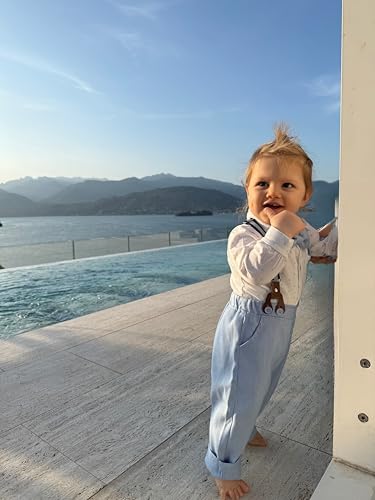 Volunboy Bébé Garçon Costume Gentleman, Noeud Papillon Chemise Carreaux + Pantalon + Chapeau Béret 5 Pièces(6-9 mois,Taille 66,Bleu Ciel) – vue 3
