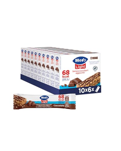 Hero Light Barrette ai Cereali e Cioccolato, Senza Zuccheri Aggiunti, Senza Olio di Palma, Zero Conservanti, 10 Confezioni da 6 Barrette x 20g