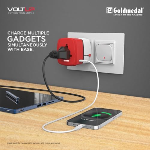 Image of Goldmedal Voltup Universal Travel Adapter with 2 Type-C & 2 Type-A USB Ports | PD Fast Charging Support | Compatible with Multiple Plug Types | Perfect for International Travel | Red & White