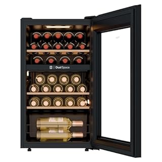 Haier Wine Bank 50 Series 5 HWS32GDG - Vetrina da 32 bottiglie, 2 zone indipendenti, ripiani in legno, filtro anti-UV, sistema anti-vibrazione, display digitale, illuminazione a LED, 37 dbA, nero