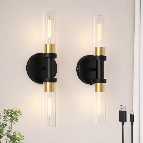 Image of Rechargeable Battery Operated Wall Sconce Set of 2, Dimmable Wall Light with Touch Control, Wireless Bathroom Vanity Lights Over Mirror, Modern Wall Lamp for Living Room Hallway, Black Gold