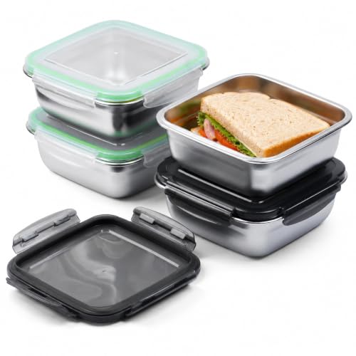 monoan 4 Pack 24oz Stainless Steel Sandwich Containers with Airtight Leak-Proof Lids, Reusable Metal Lunch Boxes for Meal Prep, Bento, Snack, Travel & Family, BPA-Free Dishwasher Safe (Green, Black)