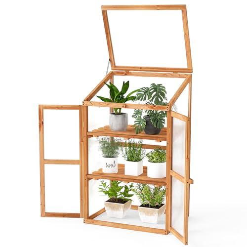 COSTWAY 3 Tiers Wooden Greenhouse, Garden Cold Frame with 2 Doors and Open Top, Outdoor Vegetable Flower Plant Transparent Growhouse for Patio Balcony Backyard (Orange)