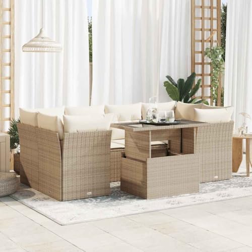 SooIarix Juego de 7 muebles de jardín con cojines de ratán de polirratán, 7 piezas con espacio de almacenamiento, mesa ajustable, estructura de acero pulverizado