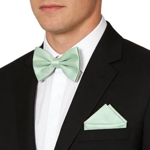 HUKUMA Noeud Papillon Homme Vert Sauge Avec Mouchoir de Poche, Nœuds Papillon Uni pour Hommes pour Mariage Fête A – vue 6