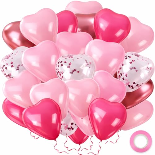 60pcs Heart Balloons Valentines Day Decorations - Pink Heart Shaped Birthday Balloon, XOXO Love Hearts Balloons for Party Valentine Galentines, 12inch Large Princess Arch Balloon Kit for Wedding