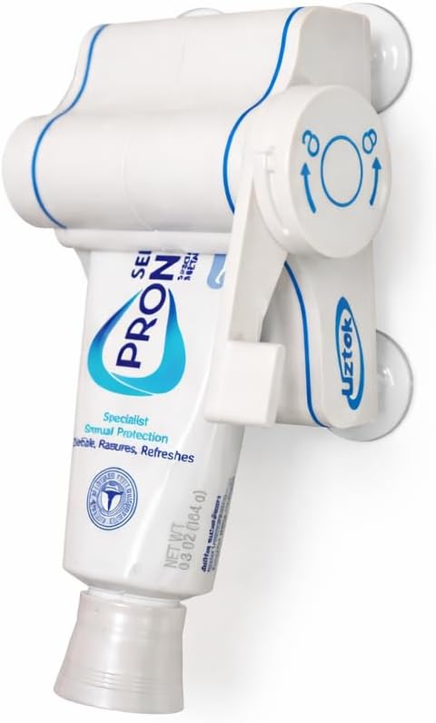 Toothpaste Dispenser, One-Hand Operation, Wall Mounted, Quick Installation. (White/Blue)