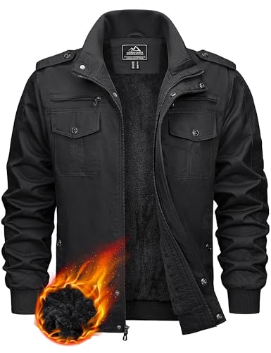 KEFITEVD Men's Outdoor Military Fleece Jackets Warm Bomber Jacket Winter Multi Pockets Hunting Work Coat , 141 Black, L