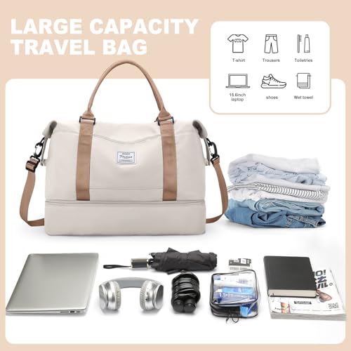 Image of Weekender Bags for Women, Travel Duffel Bags with Shoe Compartment,Personal Item Travel Bag for Airlines, Carry on Overnight Tote Bag for Women with Toiletry Bag，Beige&Brown