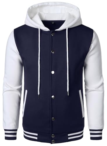 HOOD CREW Hooded Varsity Bomber Jacket Cotton Blend Letterman Hoodie Baseball Jackets for Men