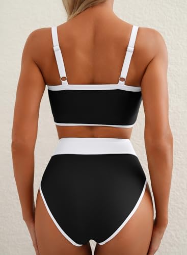 Herseas Women's Two Tone Patchwork Bikini Sets U Neck Swimsuit High Waisted Bathing Suit2